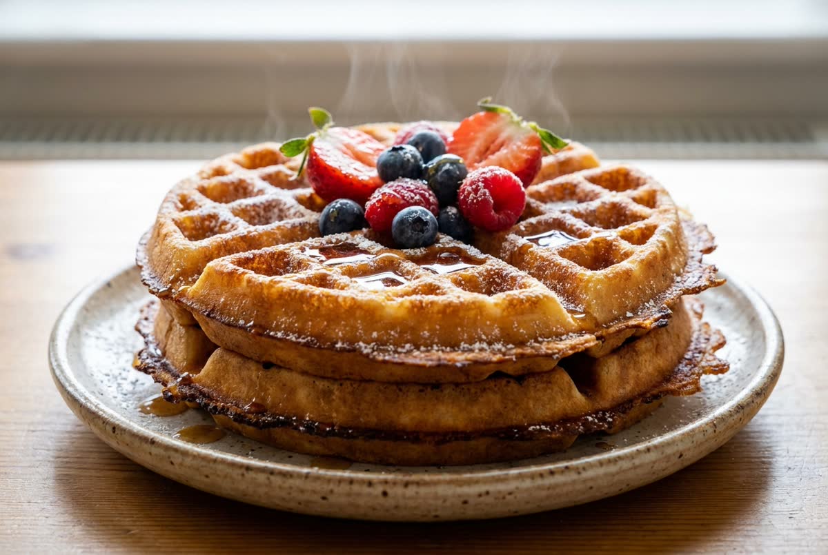 Stack of crispy golden Belgian waffles dusted with icing sugar and berries